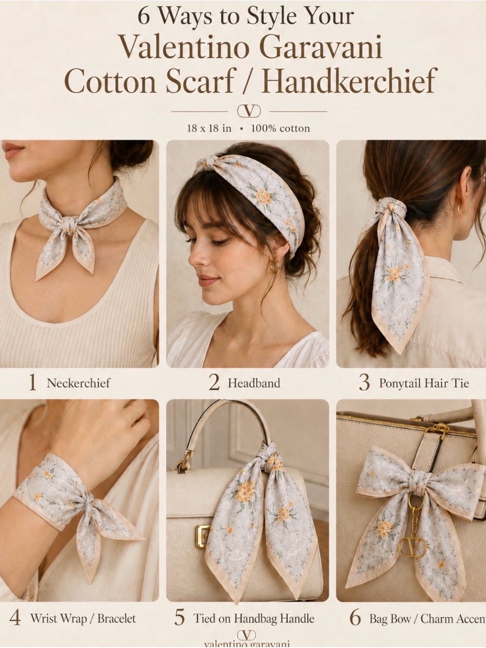 Valentino Garavani Cream Floral Cotton Scarf / Handkerchief